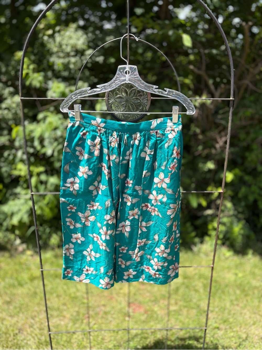 Vintage Women’s Floral Teal Midi Skirt Hawaiian Summer Lightweight A-Line Retro